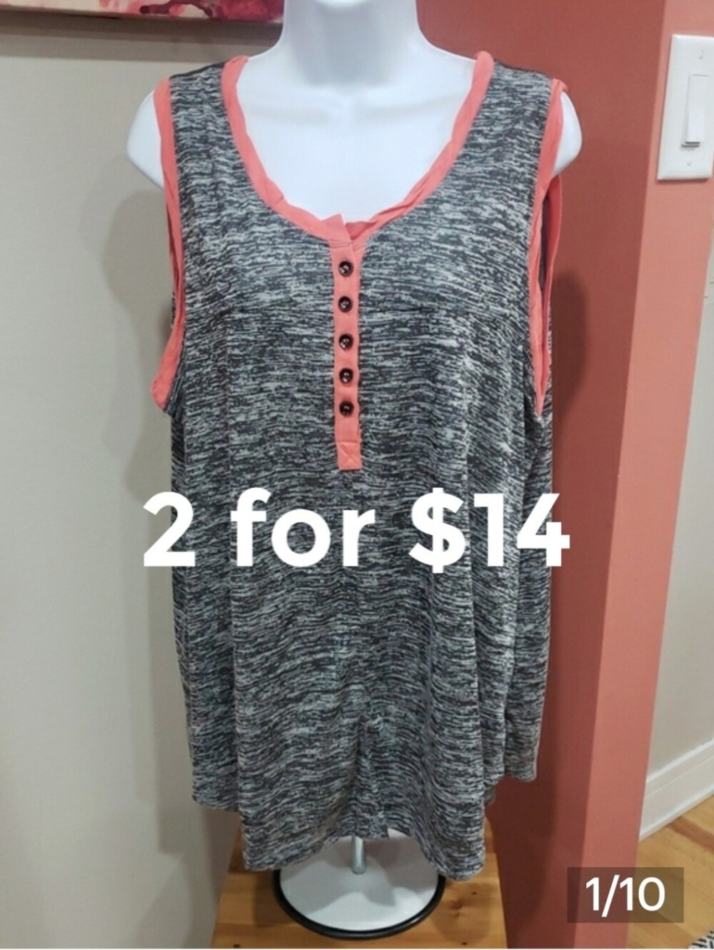 Spade & Heart Coral Trim Gray Heather Women's Top, 1X